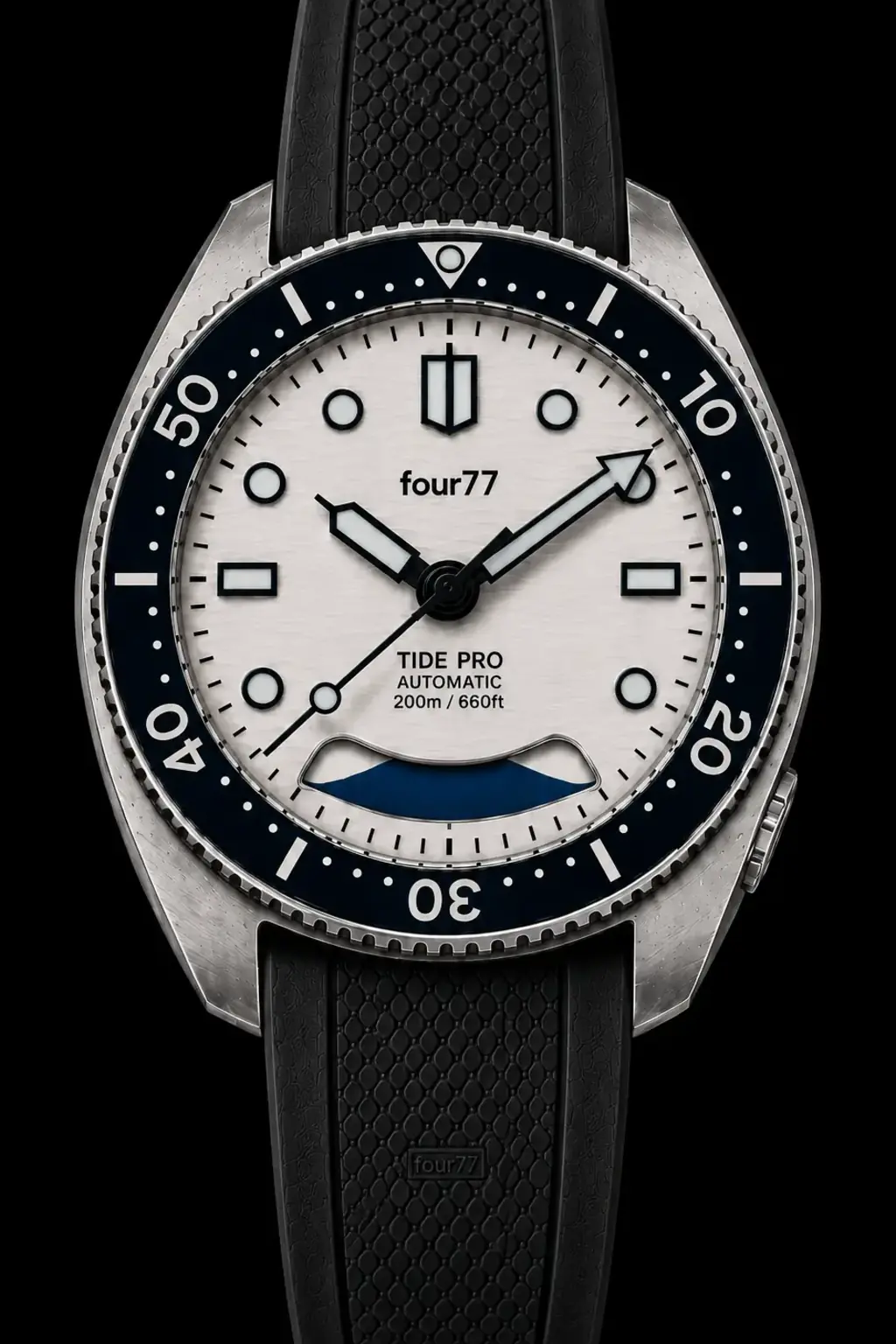 four77 TIDE PRO Classic on a black rubber strap