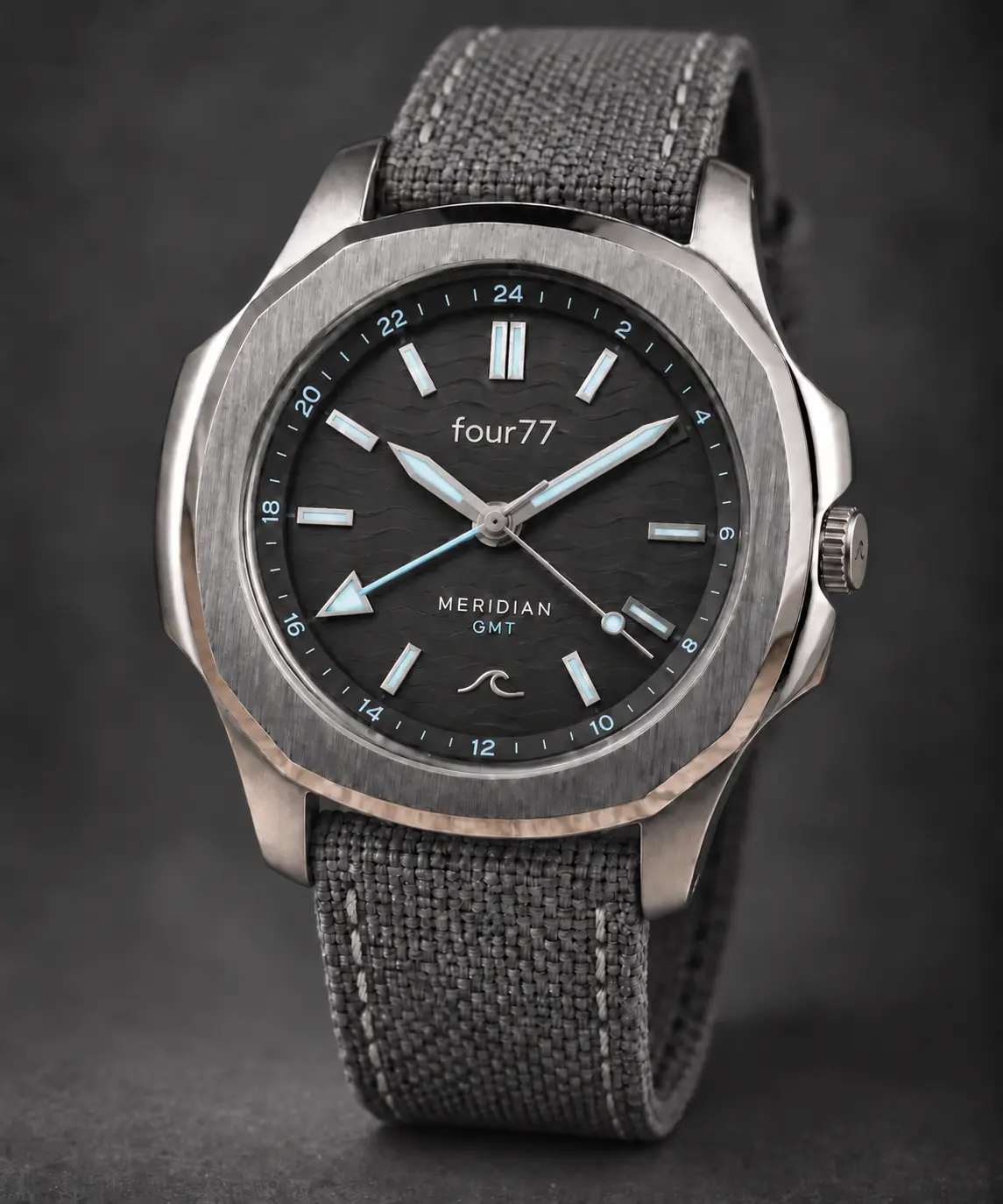 four77 Meridian North Sea GMT in a brushed Nautilus-style case