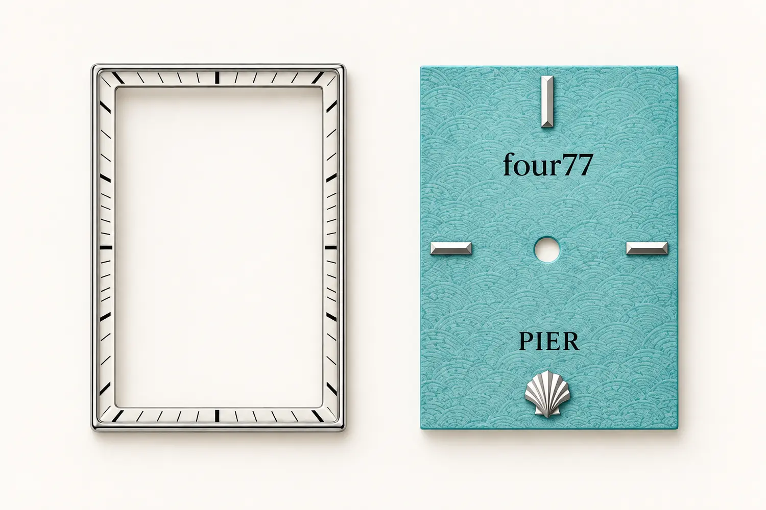 Separate applied minute frame and sea-glass Pier dial